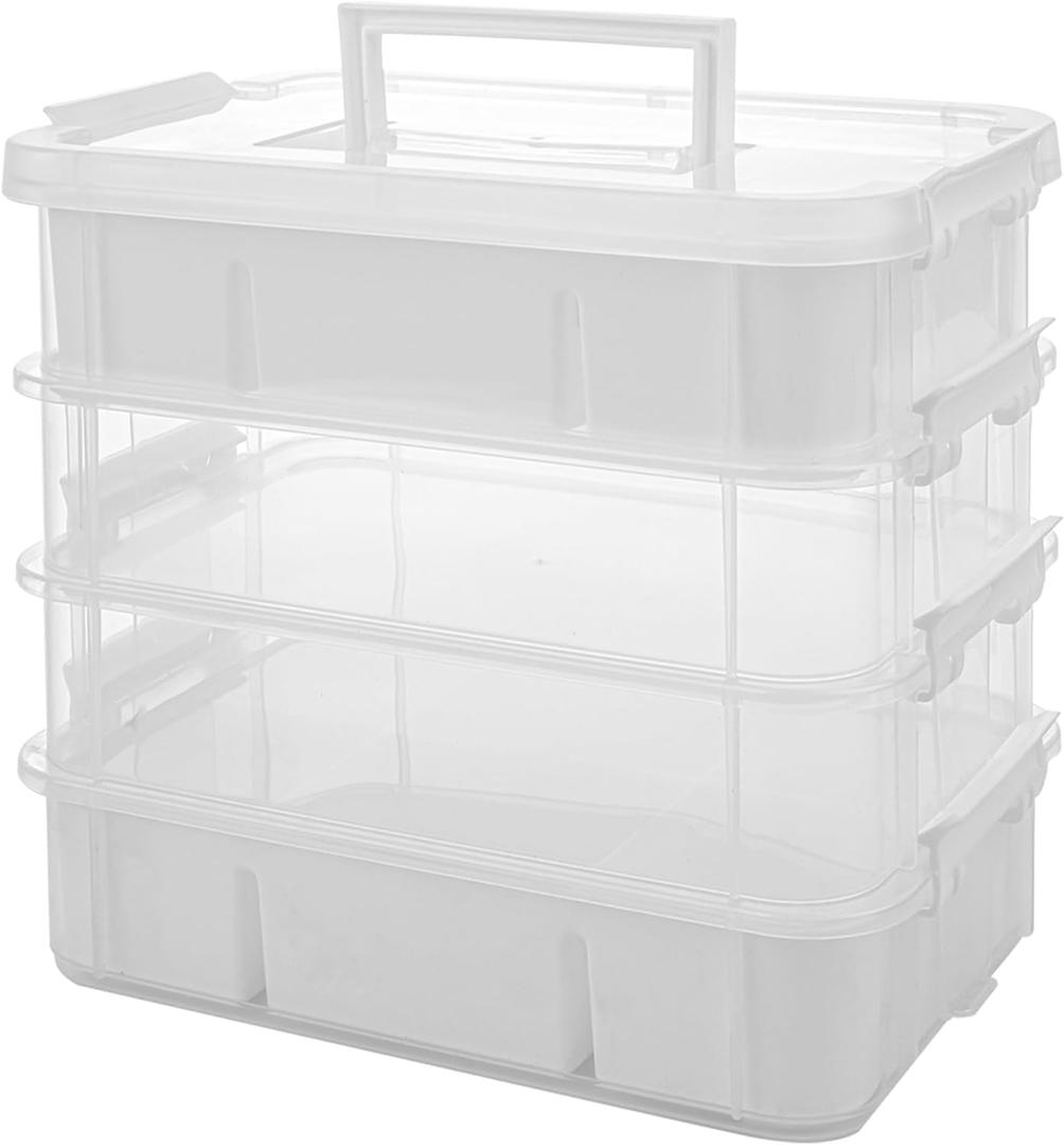 Craft Organizers and Storage, 10QT 4-Layer Durable Sewing Organizer for Sewing Supplies with 2 Removable Trays, DIY Kit Container for Seasonal Decor, Tool, Scrapbook and Art Supplies (White)