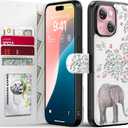 FUNMIKO for iPhone 14 Case Wallet,Detachable Flip Folio Leather Cover,RFID Blocking 4 Card Slots Holder,Magnetic Kickstand,Protective Phone Shell,Elephant Floral