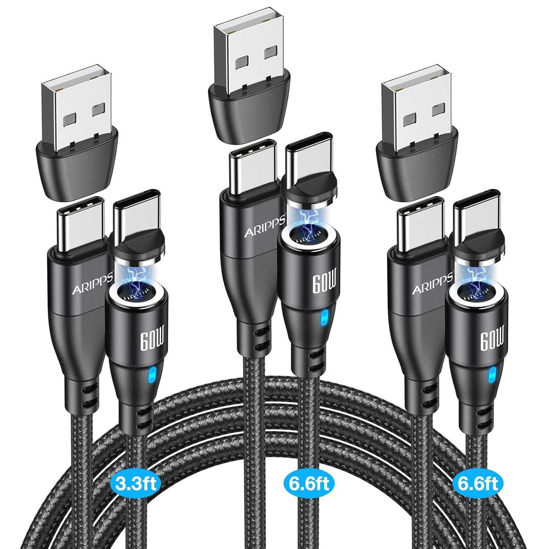 USB C to USB C Magnetic Charging Cable[3-Pack, 3.3ft/6.6ft/6.6ft], 60W/3A Fast Charging USB Type C Charger Cord Compatible with Samsung Galaxy S21/S21+ Ultra 5G, S20/S20, Pixel, Switch (Black)