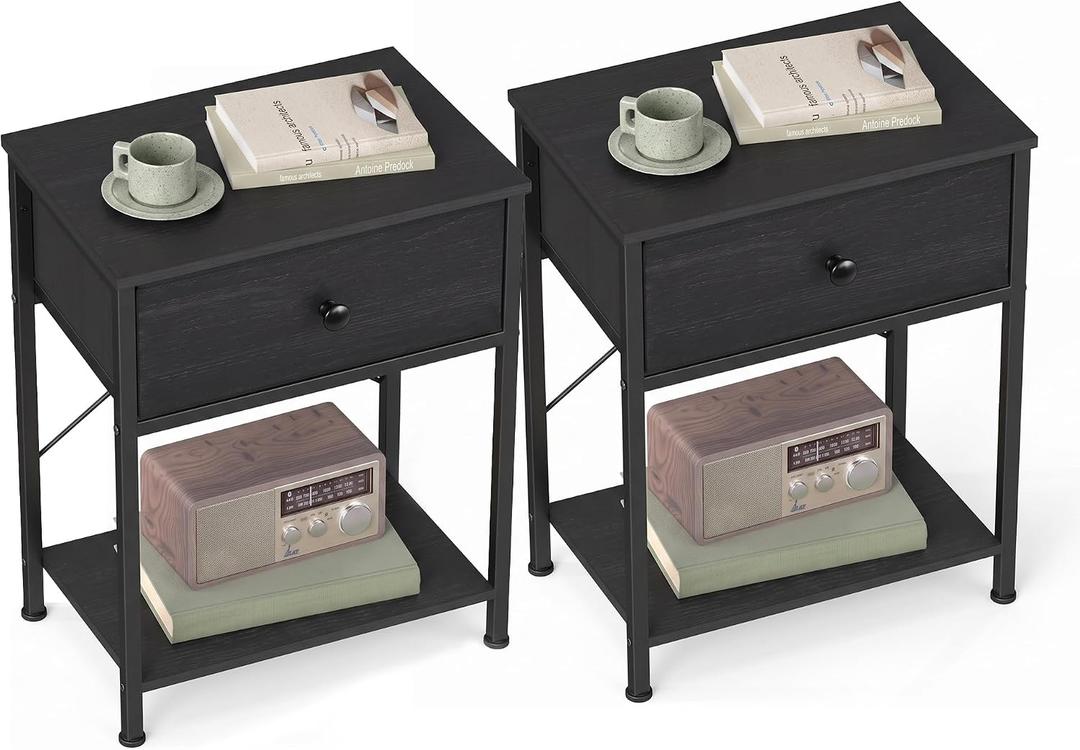 SONGMICS Nightstand, Small Side Table, Narrow End Table with Fabric Drawer, 1 Drawer-2Pc