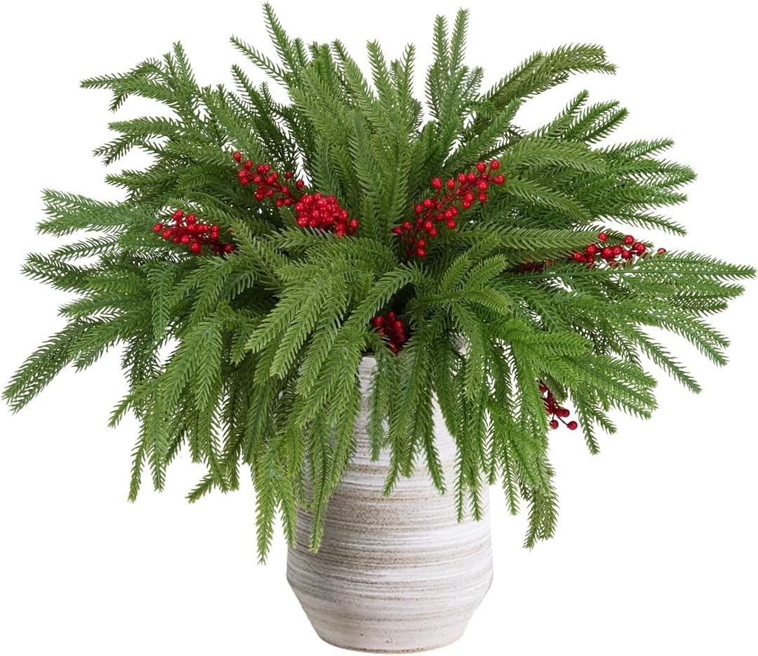 12pcs Christmas Norfolk Pine Branch with Berry Set, 18 Inches Artificial Norfolk Branch 6pack, Faux Berry Stem 6pack,Fake stem Greenery Pine Picks for Indoor Home Vase DIY Outdoor Wreath Decoration