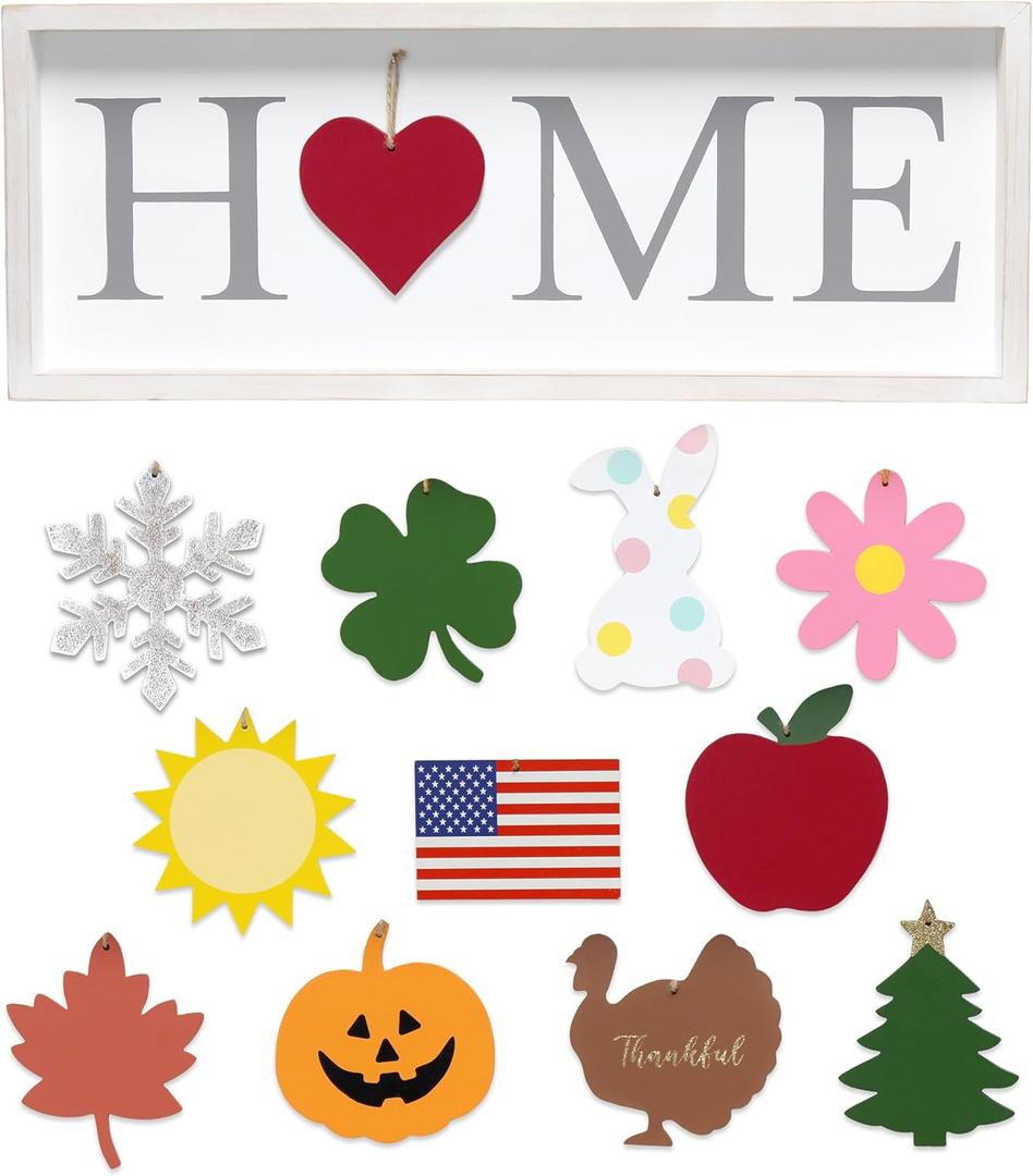 Elegant Designs HG1031-WGY 23" Home Sweet Swap Farmhouse Frame with 12 Seasonal Ornaments, Freestanding or Wall Mountable, White Wash, Gray Text