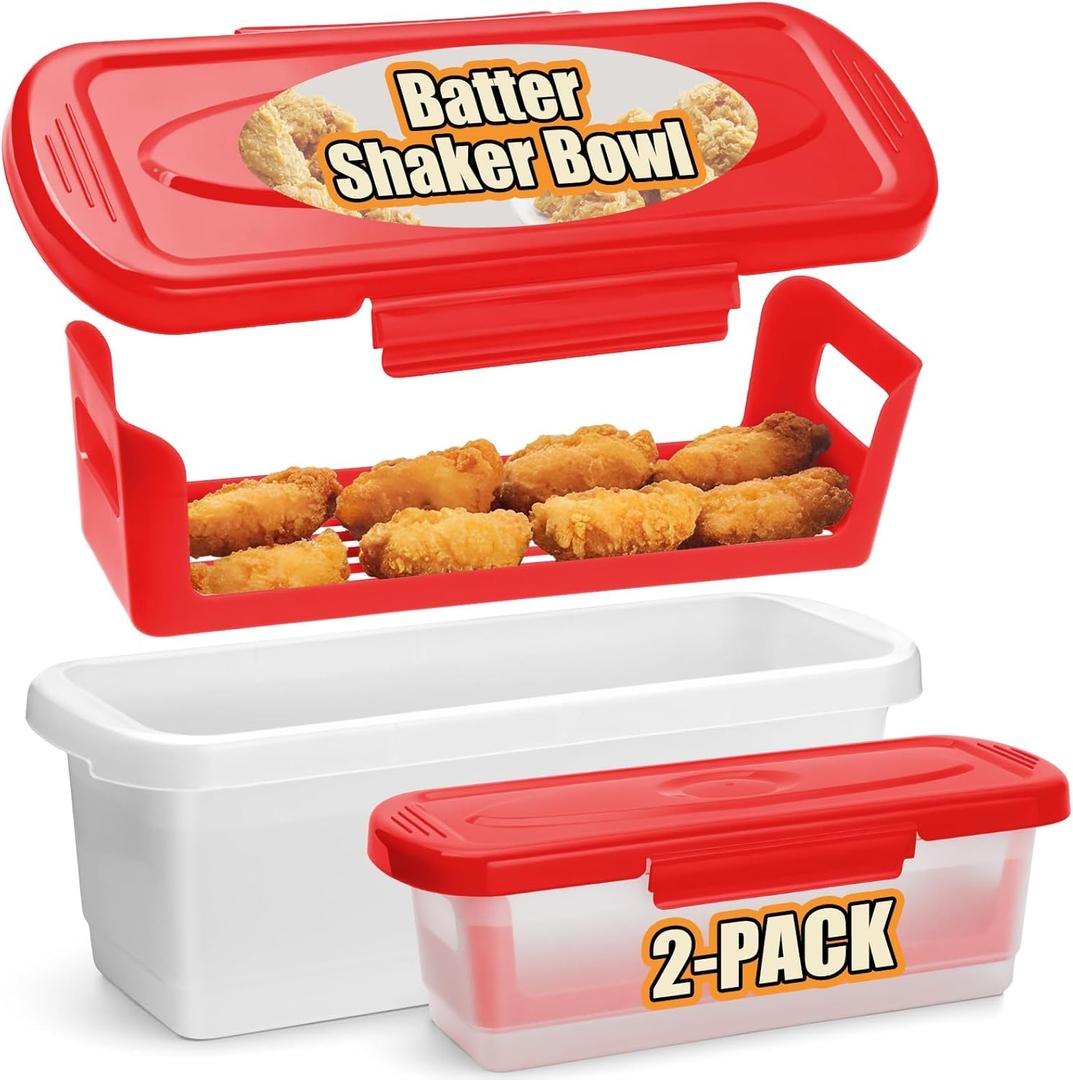 Batter Breader Shaker Bowl with Lid, 2-pack Mess Free Breading Shaker Bowl, Fish Batter Shaker Container with Breading Tray, Batter Bowl Shaker for Fish Frying Chicken Wings Fish Onion Rings Veggies (Red)