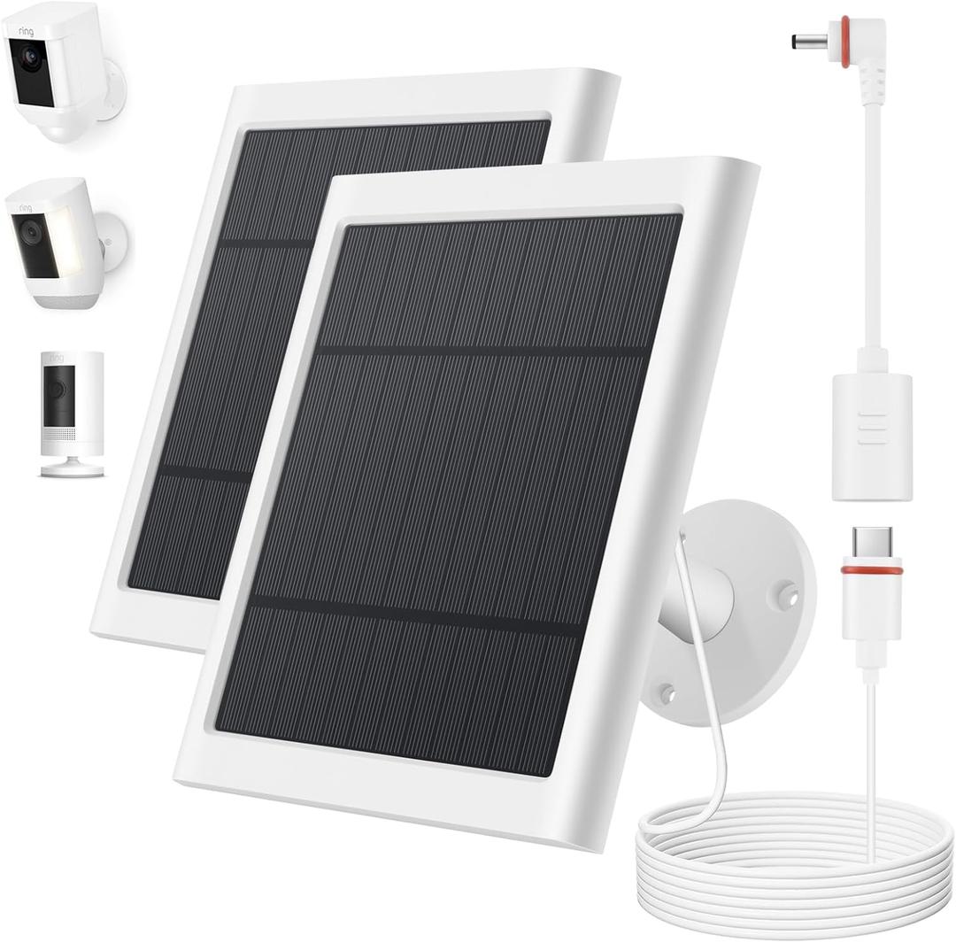 Solar Panel for Ring Camera, 2 Pack 4W Solar Charger Compatible with Spotlight & Stick Up Outdoor Cam Battery, 10ft Long Cable with USB-C to Ring Barrel Plug Adapter (White)