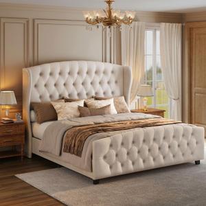 VASAGLE King Bed Frame with Tall Headboard, Upholstered Platform Bed Frame King Size, with Wingback Tufted Headboard and Footboard, Wooden Slats, No Box Spring Needed, Cappuccino Beige URMB884W01