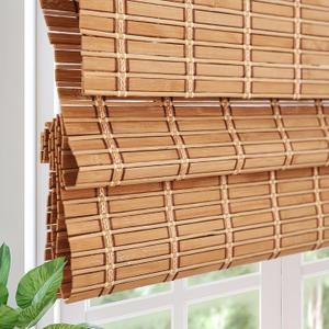 Cordless Blackout Bamboo Roman Shades, Easy Installation Natural Woven Wood Shades, Great Privacy Lined Bamboo Blinds for Windows, Biscuit