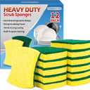 Heavy Duty Sponges, 12 Pack Cellulose Scrub Sponge, Dual-Sided Kitchen Sponge, Multipurpose Sturdy Ergonomic Design for Kitchen Dishwashing, Uncoated Cookware, Sink, and Countertops (Green/Yellow)