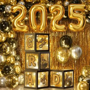 Graduation Party Decoration Class of 2025, 86PCS Black & Gold Graduation Party Supplies High School College Grad Balloon Boxes with Letter, Foil Curtains, LED String Light, Balloon Garland Kit