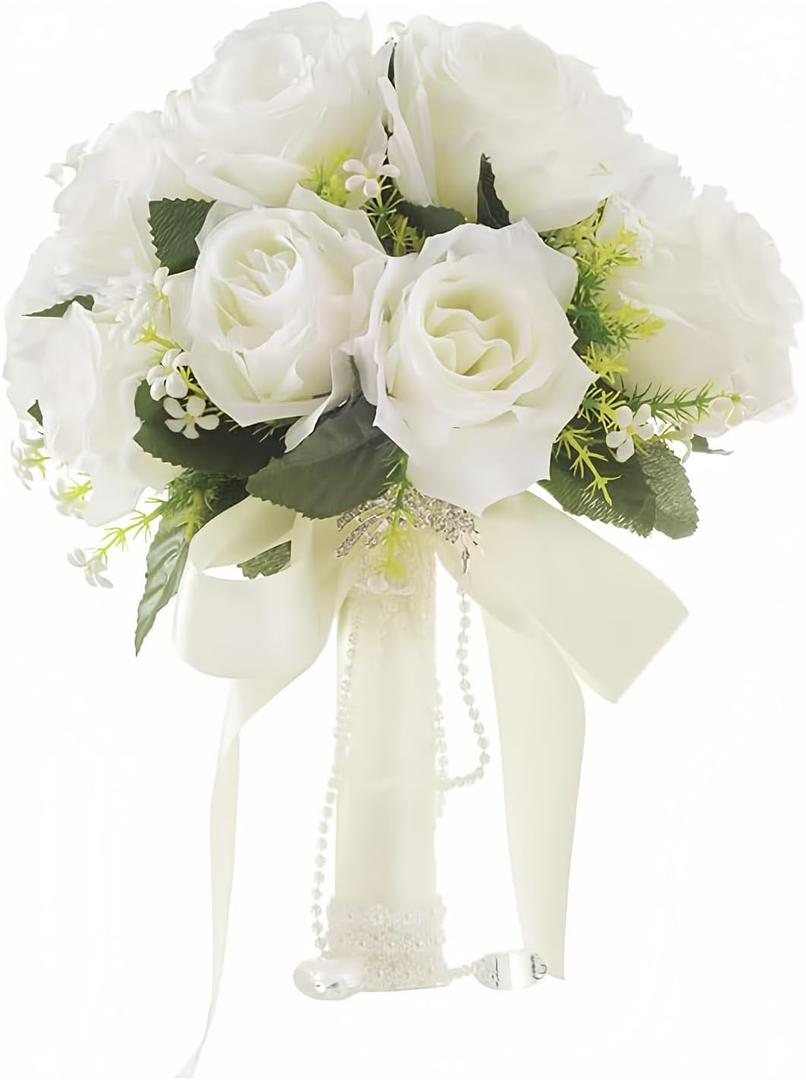Wowagoga 12 Inch Wedding Bouquet with Pearl Crystals Ribbons,Artificial Rose Flower for Bride Bridesmaids Artificial Fake Flowers Fake Flowers Toss Bouquet for Wedding Party Church(White)