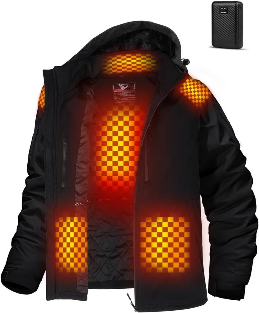 Heated Jacket for Men with Btter Pack, Winter Outdoor Soft Shell Electric Heating Coat with Detachable Hood (Medium, Black)