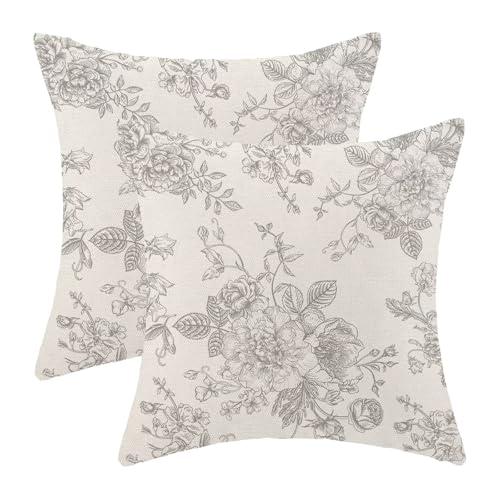 AEIOAE Grey Gray Chinoiserie Floral Pillow Covers 18 x 18 Inch Set of 2, Flower Decorative Throw Pillow Covers Vintage Outdoor Linen Farmhouse Decor Pillowcase for Home Sofa