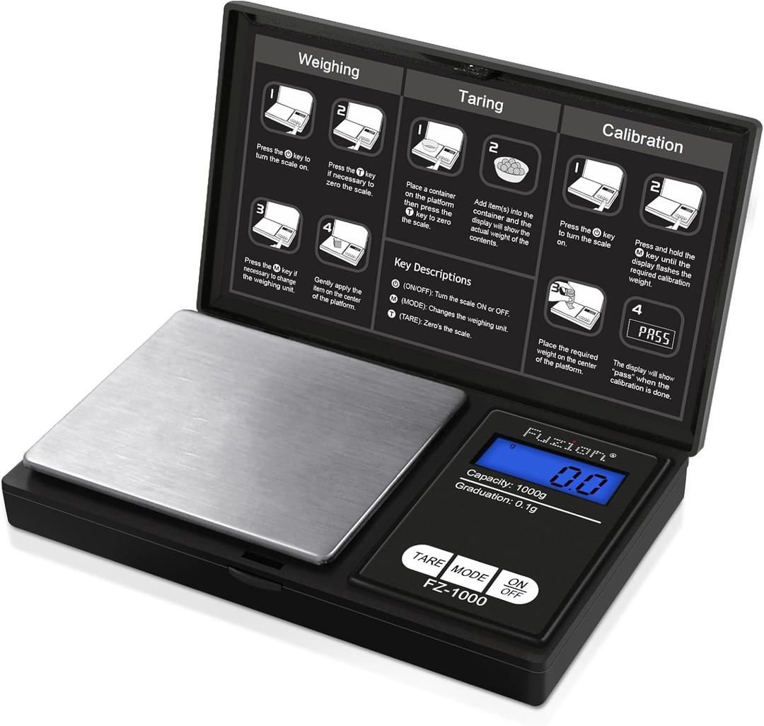 Fuzion Digital Pocket Gram Scale 1000g/0.1g, Small Digital Scales Grams Ounces Grains, Herb Scale, Jewelry Scale, Portable Travel Food Scale (FZ-1000 without Tray, Black)