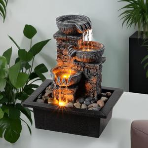 Kalona Tabletop Fountain 3 Bowls with LED Light Soothing Water Flowing Sound Fountain Zen/Meditation Home/Office Decor Home Dcor Relaxation Indoor (23113)