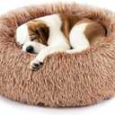DUMOS Calming Donut Cat & Dog Bed for Medium Dogs, Machine Washable Cuddle Warming Cozy Fluffy Faux Fur Plush Round Dog Bed, Anti-Anxiety Waterproof Anti-Slip Pet Bed, Brown, 24248 Inches