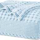 PHF 100% Cotton Waffle Weave Blanket Queen Size for Bed, Soft Lightweight & Breathable, All-Season Comfort, Luxury Aesthetic Woven Bedding for Home Decor, 90"x90", Baby Blue