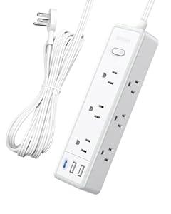 Surge Protector Power Strip, Flat Extension Cord with 9 Widely Outlets 3 USB Ports(1 USB-C), 1080 Joules, 5 FT, Multiple Outlets, Wall Mount, Flat Plug for Indoor Home Office, Dorm Essentials, White