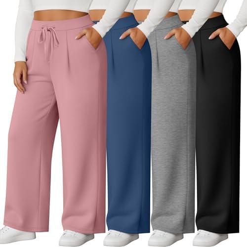 Evervibe 4 Pack Women's Plus Size Pants, Wide Leg Lounge Pants Drawstring Yoga Sweatpants Casual Workout Joggers with Pockets (XL,Black, Light Heather Gray, Denim Blue, Pink)