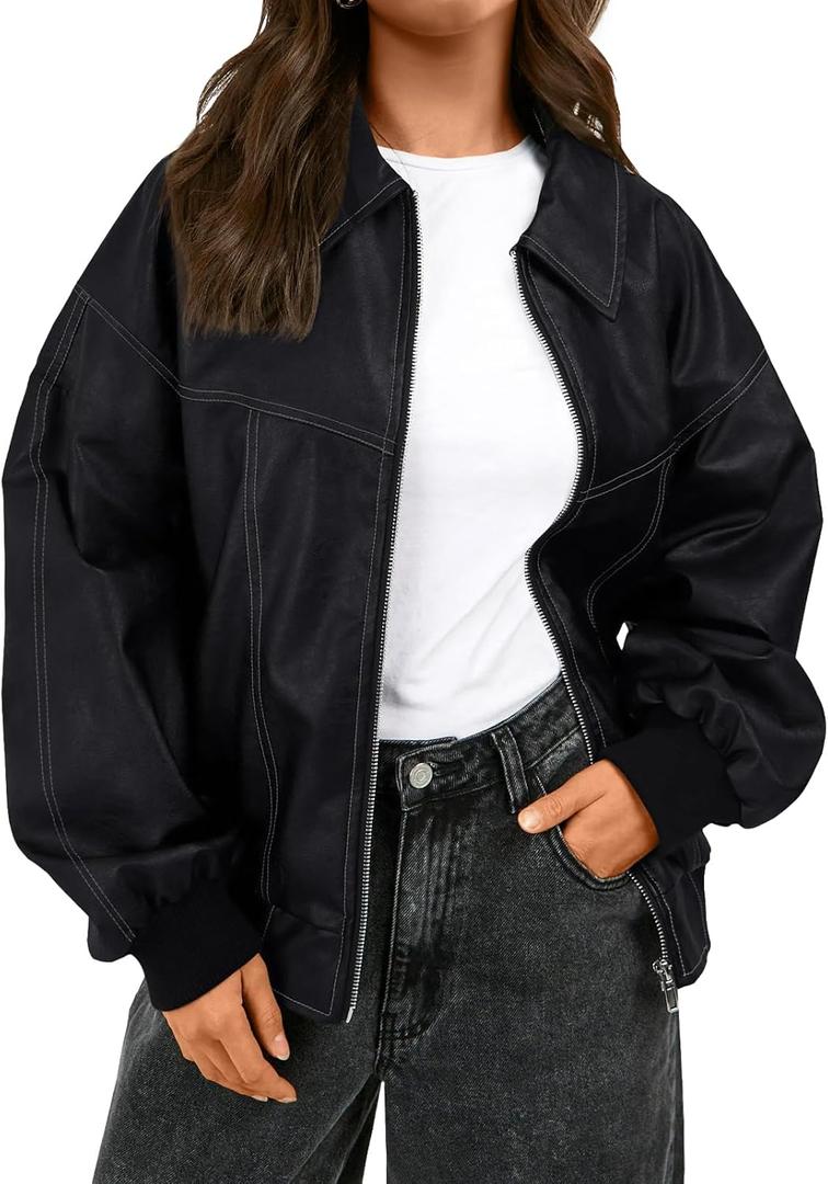 Trendy Queen Womens Leather Jackets Oversized Zip Up Motorcycle Bomber Jackets Fall Fashion Outfits Winter Clothes 2026 (Small, Black)