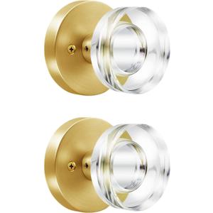 2 Pack Gold Glass Dummy Door Knob Satin Brass Crystal Dummy Door Knobs Interior, Round Modern Door Knob Brushed Gold Dummy Door Handle Interior for Hall Pantry Closet Door Knobs