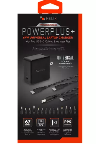 HELIX POWER PLUS+ 67W UNIVERSAL LAPTOP CHARGER with Two USB-C Cables & Adapter Tips