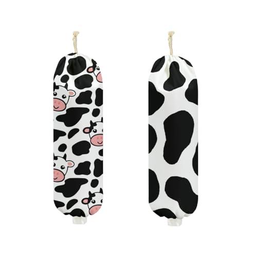 2Pcs Cow Plastic Bag Holder 22.5x9 Inch, Cute Cows Wall Mount Plastic Bag Organizer with Drawstring, Reusable Grocery Bags Storage Dispenser for Home Kitchen Pantry Decor, Cow Gifts for Women Mom