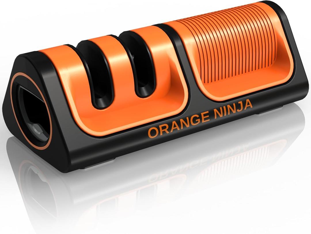 Orange Ninja Mini Knife Sharpener - Coarse & Fine Blade Sharpener, Sharpening System- Knife Sharpeners for Kitchen Knives, Pocket Kitchen Knives Sharpeners with Bottle Opener & Fridge Attachment