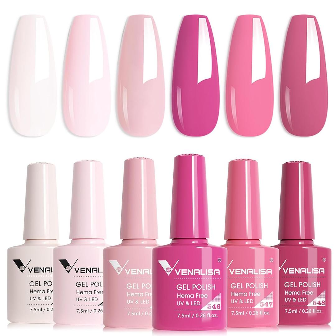 VENALISA Pink Gel Nail Polish Set of 6 Colors Milky White Hot Pink Gel Polish Kit Soak Off UV Gel Salon Nail Art DIY at Home Manicure
