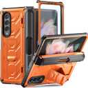 Rugged Case Armor for Samsung-Galaxy-Z-Fold-3 w/ Built-in [Kickstand] [S Pen Holder] [Screen Protector] [Hinge Protection], Heavy Duty Shockproof Protective Cover NOT FIT Z Fold4/2 (Orange)