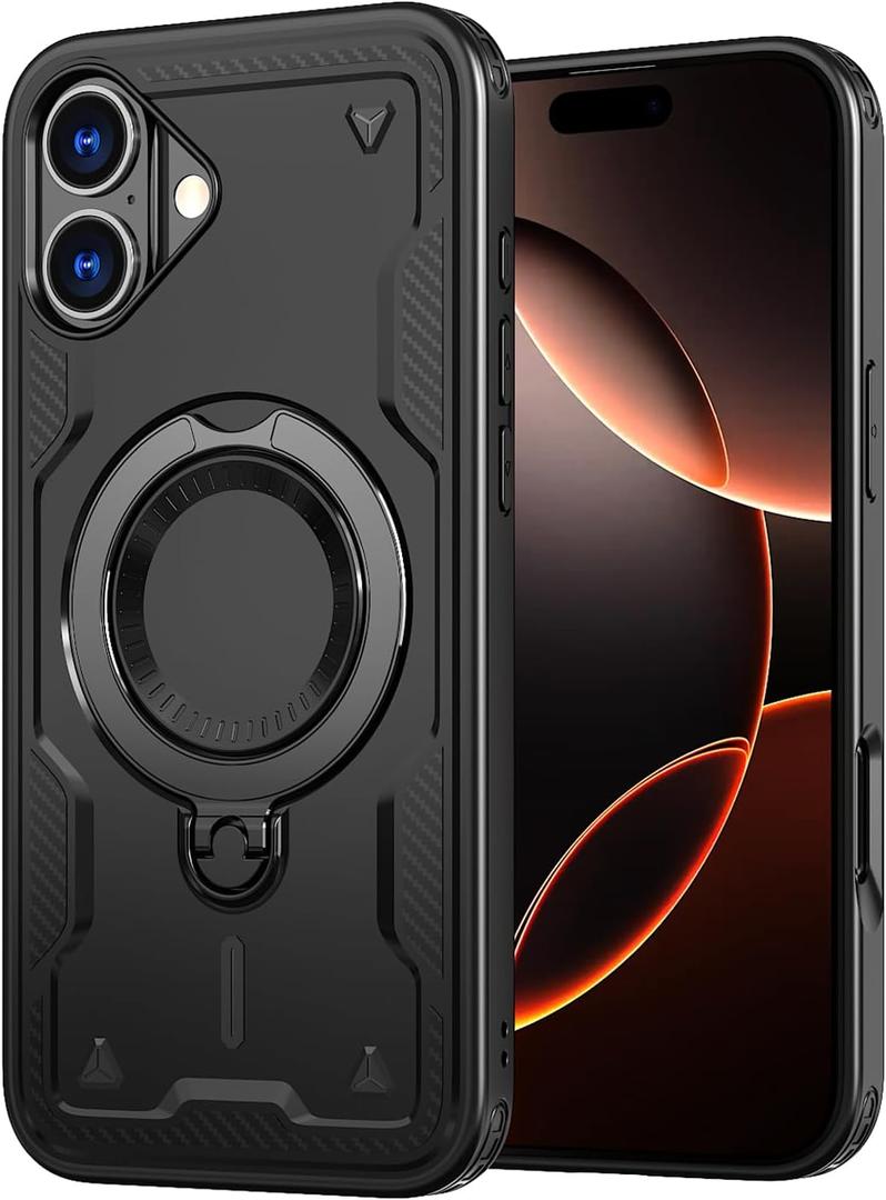 360 Spin Magnetic Kickstand Case for iPhone 16 Plus [Compatible with MagSafe] [Sturdy & Versatile Stand] Military-Grade Drop Protection Anti-Fingerprint Anti-Scratch, Black