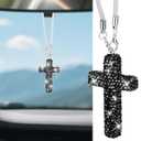 Cross for Car Mirror Hanging, Bling Cars Pendant Charm, Double-Sided Diamond Christian Cross Rearview Mirror Accessories, Car Accessories for Women (Black)