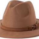 Lisianthus Men & Women Vintage Wide Brim Fedora Hat with Belt Buckle (Medium, Khaki)