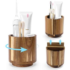 Toothbrush Holders for Bathrooms,Toothbrush Cup,Wooden Bathroom Cup with Rotation,Bathroom Counter Organizer with Vent Hole,Desk Organizer,For Electric Toothbrush,Toothpaste,Water Flosser,Razor