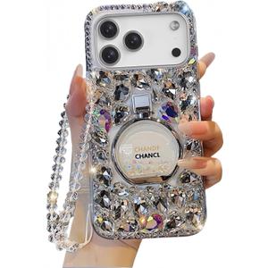 for iPhone 17 Pro Max Case for Women Girls,Luxury Plating Bling Glitter Diamond Design,iPhone 17 Pro Max Phone Case Girly Handmade Sparkle Rhinestone Soft TPU with Ring Stand and Bead Strap White