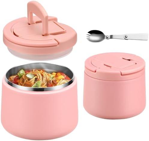 14oz Insulated Vacuum Food Jar with Buckle Lid, Soup Thermo for Hot Food Kids, Wide Mouth Leakproof Stainless Steel Lunch Container with Spoon-Pink