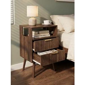 Leomonio Nightstand, Modern Night Stand with 2 Storage Drawer and Opening Storage, Fluted Bedside Table with Solid Wood Legs for Bedroom