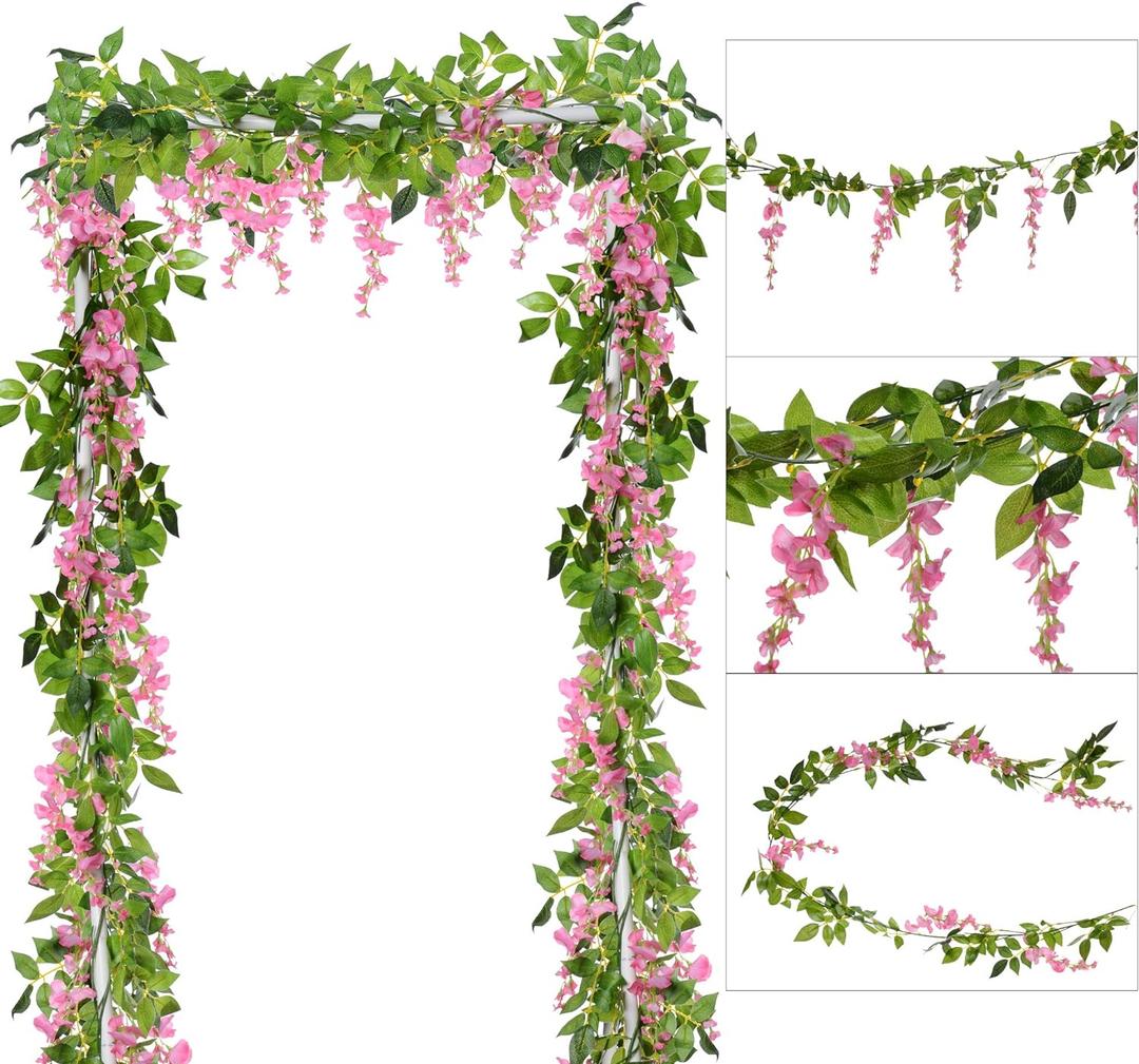 DearHouse 4Pcs 6.6Ft/Piece Artificial Flowers Silk Wisteria Garland Artificial Wisteria Vine Rattan Silk Hanging Flower for Home Garden Outdoor Ceremony Wedding Arch Floral Decor(Pink)