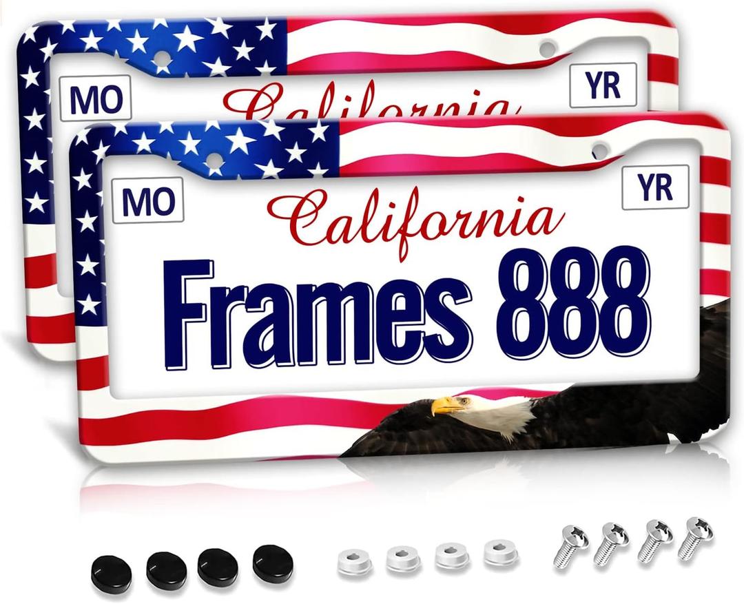 American Flag License Plate Frame American Flag License Plate Holder America Eagle License Plate Frame Covers US Car Tag Frame Stainless Aluminum 2 Pack 2 Holes Decorative 2 Pcs Set for Men (12.3 x 6.3)