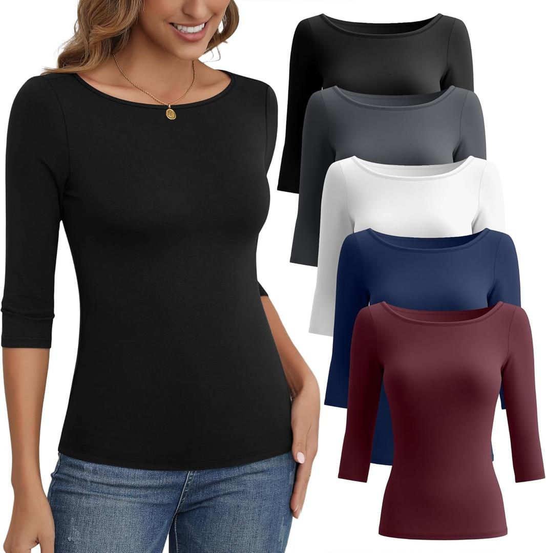 Ficerd 5 Pack 3/4 Sleeve Tops for Women Tight Boat Neck T Shirts Slim Fit Three Quarter Sleeve Tees Basic Casual Tops (Small, Black, Dark Gray, White, Navy Blue, Red), Small 