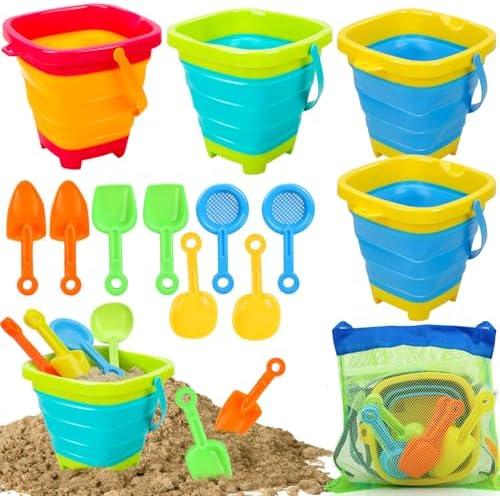 TOY Life Collapsible Beach Toys for Kids with 4 Silicone Collapsible Sand Buckets & 8 Shovels & Mesh Bag, Travel Beach Essentials for Kids Sand Toys Toddlers, Sandbox Toys for Boys Girls Ages 3-5 4-8
