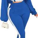 Vssjavun Women 2 Piece Outfit Color Block Long Sleeve Zip Drawstring Cropped Jacket Bodycon Long Pants Set Sweatsuit (Small, Royal Blue)