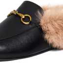 Vertundy Fur Mules with Metal Buckle Slip On Flats for Women Backless Sandals Dress Shoes Work Slides, Size 10
