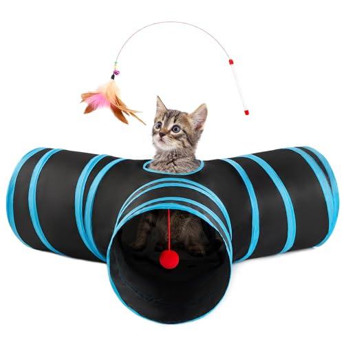 Love's cabin Cat Tunnels for Indoor Cats, Cat Tube Toys 3 Way Collapsible, Pet Play Tunnel with Peek Hole Toy Ball for Kitty, Kitten, Rabbit, Black&Blue, Small Size (23.6"X13"X11")
