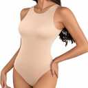 MANGOPOP Women's Tank Tops Bodysuit Double Lined Crew Neck Thong Body Suit Sleeveless Halter Fitted Top