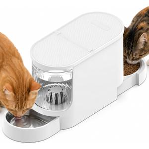 JUNSPOW Automatic Cat Feeder 2-in-1 Set, Gravity Cat Food Feeder and Water Dispenser, Dog Feeding & Watering Supply with Stailess Steel Bowls, Large Capacity Low Noise, White