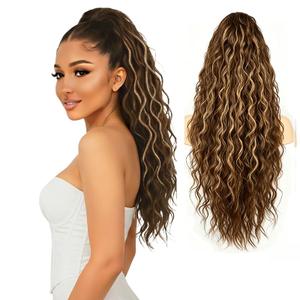 24 Inch Curly Claw Clip Ponytail Extension Long Wavy Synthetic Hair Extensions for Women, Light Golden Brown Highlight, Natural Looking Fluffy Hairpiece for Daily Party Wedding OriSunion