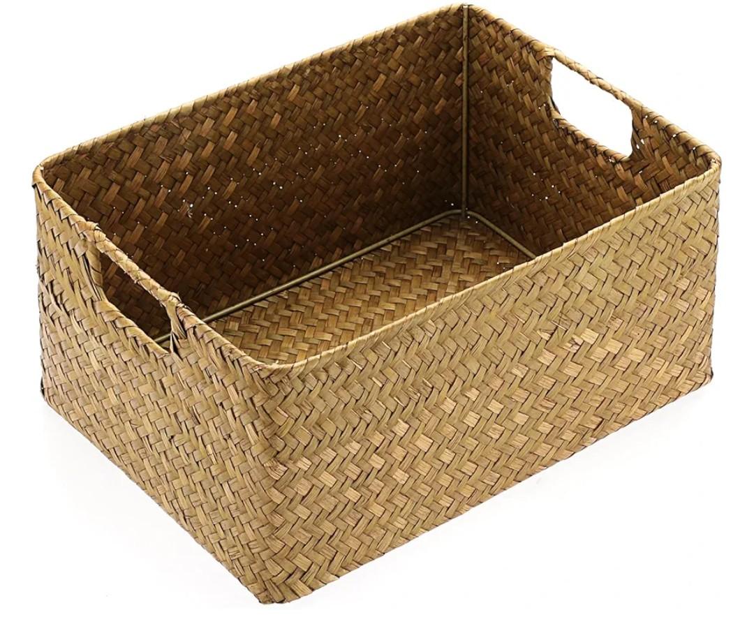 Hipiwe Seagrass Storage Basket Bin Rectangular Handwoven Wicker Storage Box with Handle Opened Baskets Box for Shelf Organizing Closet Bathroom, Caramel, Medium