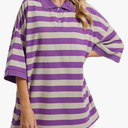 Womens Striped Polo T-Shirts Oversized Short Sleeve Top Cotton Color Block Loose Basic Tee Casual Tunics Summer Spring Tops, L