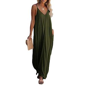 Womens Loose Casual Strappy Sleeveless Long Maxi Summer Dress Pocekts (L, Army Green)