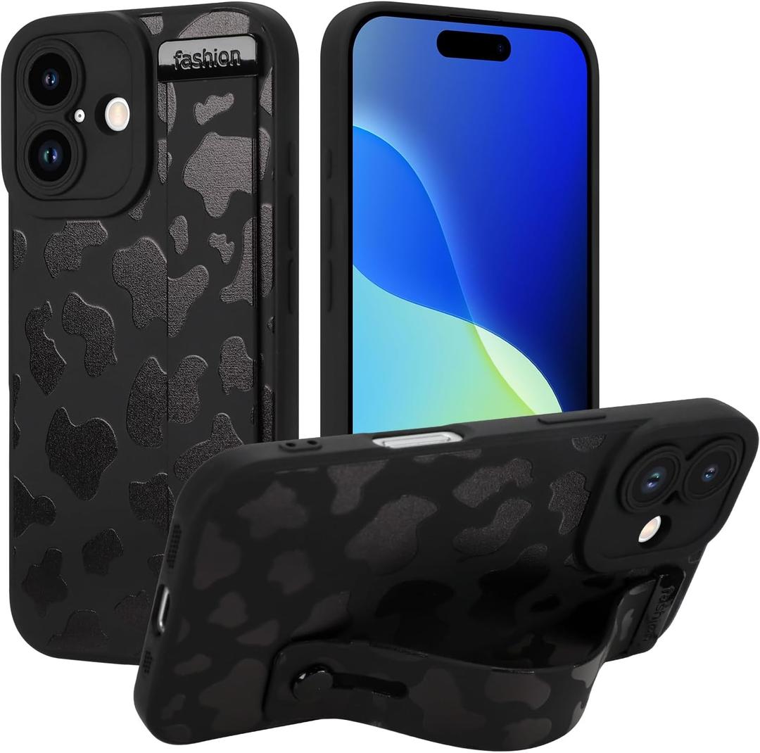 OOK Case for iPhone 16 Case, Cute Cow Print with Adjustable Wristband Strap Kickstand Slim Lightweight Soft Flexible TPU Rubber for Women Girls Phone Cove, Black