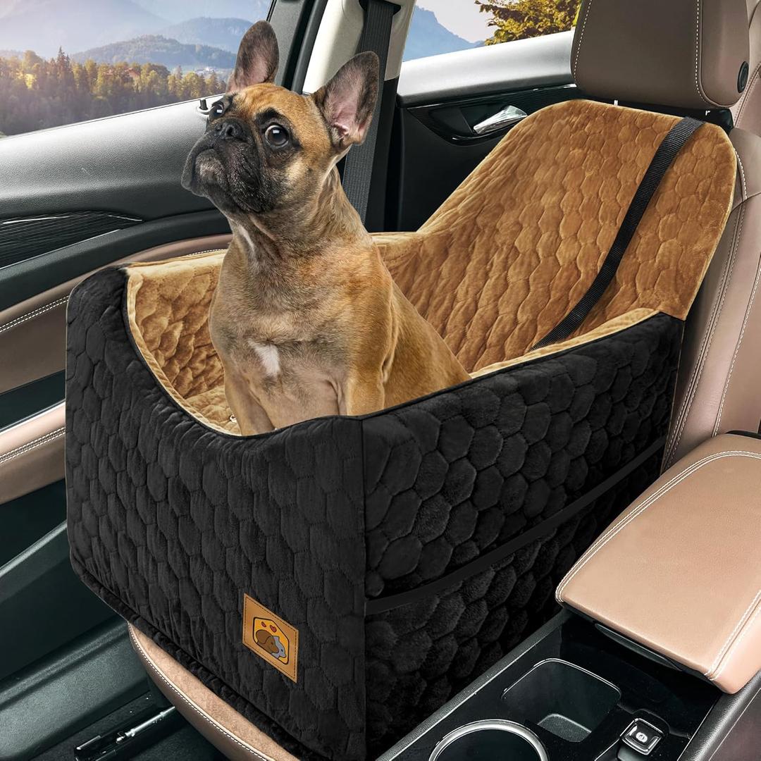 Dog Car Seat for Small/Medium Dogs, Memory Foam Dog Booster Seat, Travel Safety Per Car Seat with Washable Removable Cover, Storage Pockets for Dogs up to 35 lbs (BlackBrown)